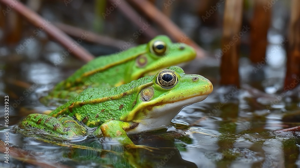 Fototapeta premium Frog habitats in wetlands, ponds, or forests with amphibians resting or leaping, perfect for environmental and biodiversity stock content