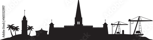 Detailed Silhouette of Willemstad Curacao Skyline with Towering Church and Harbor Cranes