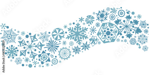 A wave of assorted blue snowflakes and dots on a white background forming a wintery design element