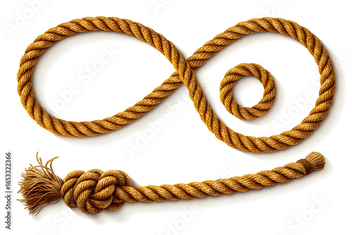 Twisted rope forming infinity shape and a knot on white background studio shot close up view