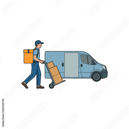 Delivery man with orange insulated bag pushing cart with boxes next to blue van courier person