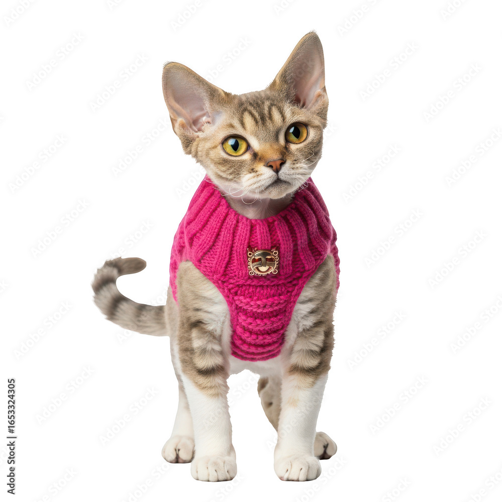 Fototapeta premium Adorable small tabby kitten wearing a bright pink knitted sweater looking directly at the camera isolated on transparent background