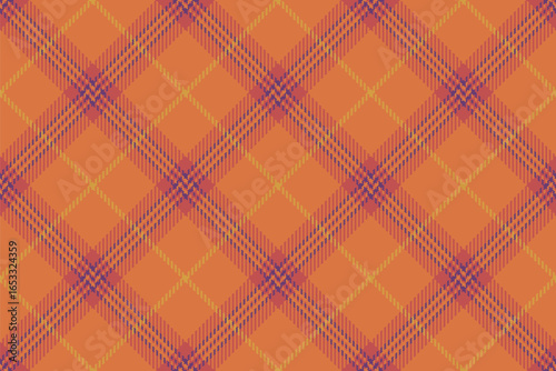 Classic plaid pattern with warm orange, yellow and purple hues. Traditional aesthetic. Ideal for backgrounds, textiles, or festive designs. Versatile usage.
