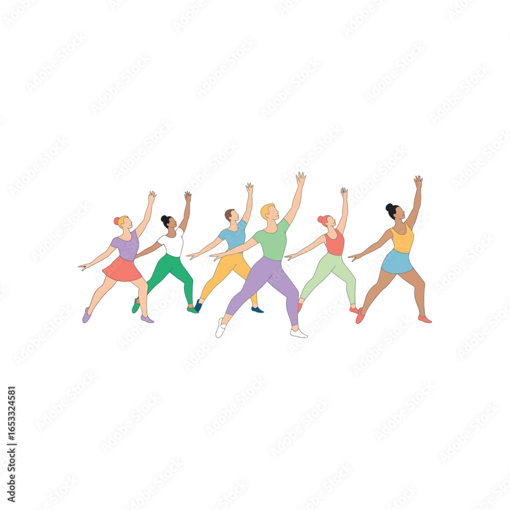 Fototapeta premium Diverse group of people in colorful athletic wear reaching upwards vector