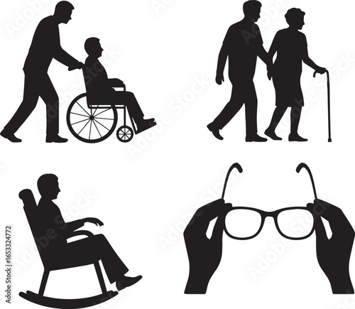 Elderly Assistance Silhouette Vector Art Depicting Caregiver Pushing Senior in Wheelchair Design