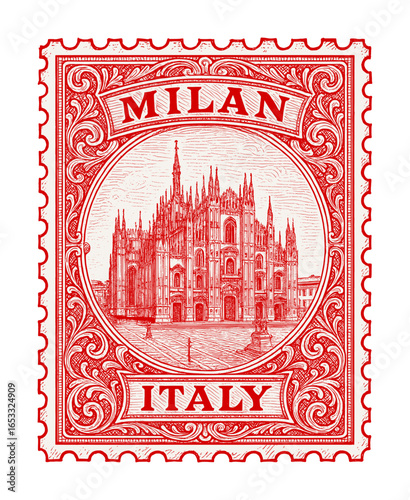 vintage postage stamp depicts milan - italy (sketch drawing)