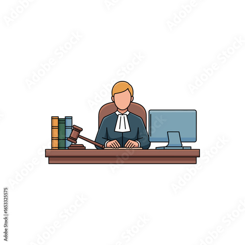 Judge in wig and gown seated at desk with gavel and computer courtroom justice