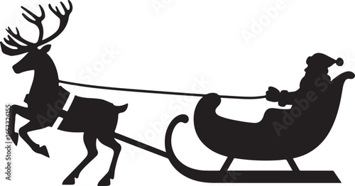 Black silhouette of Santa Claus riding a sleigh pulled by a reindeer christmas