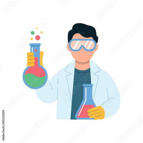 Scientist in lab coat and goggles holding colorful chemical flasks laboratory research