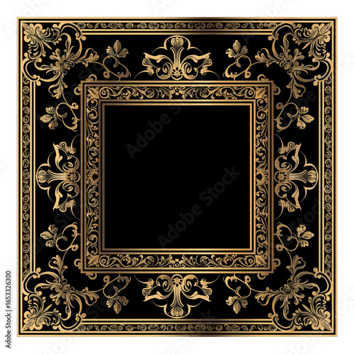 Luxury black and gold ornamental square frame with vintage floral design. Isolated on a TRANSPARENT PNG.