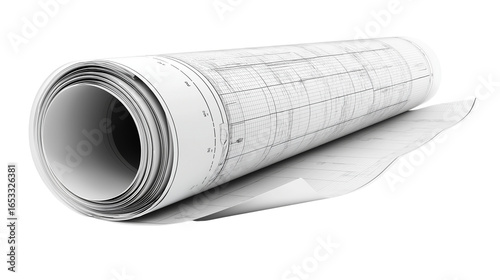 Rolled up blueprint or office plan, realistic isolated on white background 