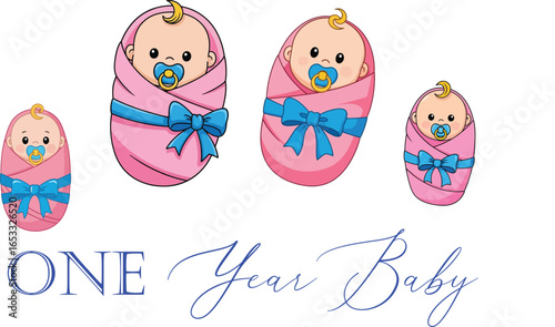 Illustration of four babies swaddled in pink with blue bows isolated on white background