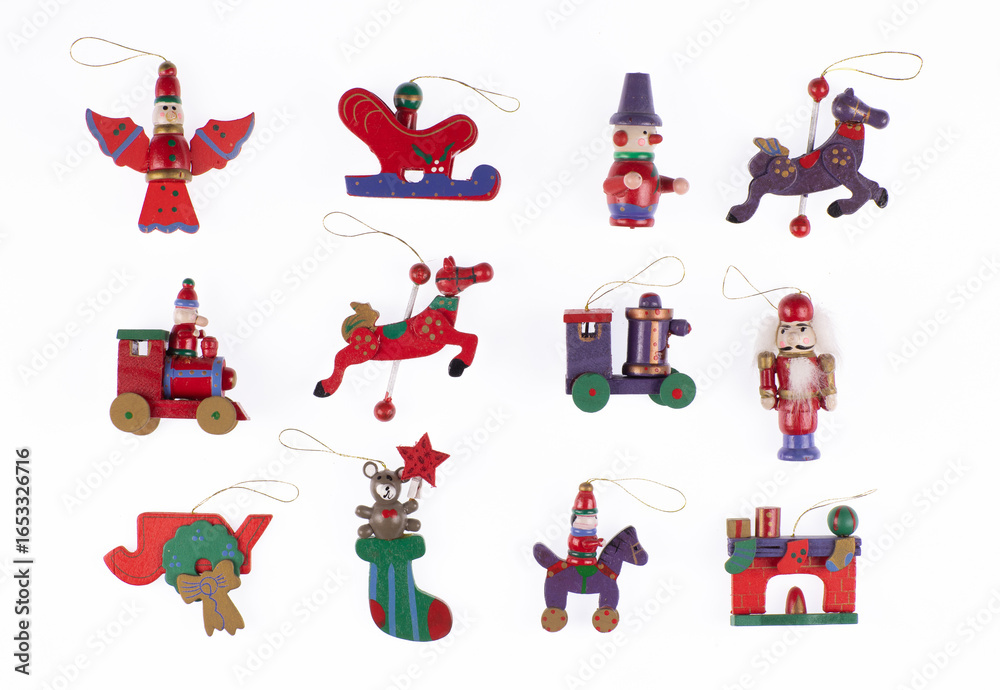Fototapeta premium set of wooden christmas tree toy isolated on white background