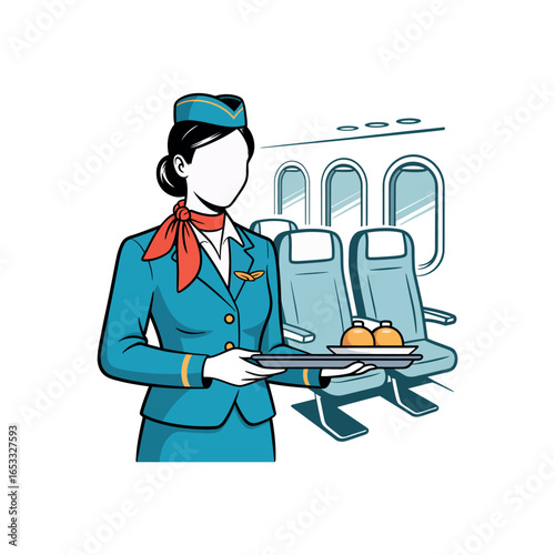 Flight attendant in uniform serving food on a tray inside an airplane cabin service