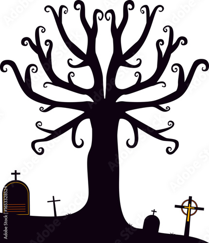 Spooky silhouette of a gnarled, bare tree with two carved jack-o'-lanterns at its base, framed by a black fence, evoking a classic Halloween scene.