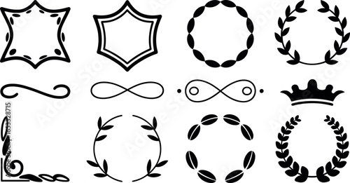 Elegant Black and White Ornate Frames,  Floral Wreaths, and Crown Designs