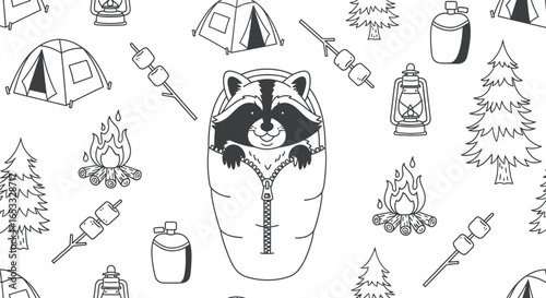 Camping seamless pattern with raccoon in sleeping bag design