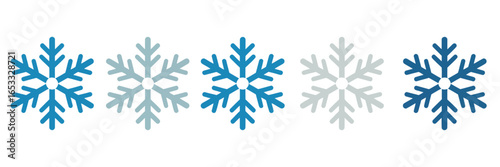 A collection of five snowflakes in varying shades of blue arranged in a horizontal line on a white background