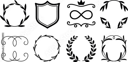 Elegant Black and White Flourishes:  Floral Wreaths, Shields, and Infinity Symbols