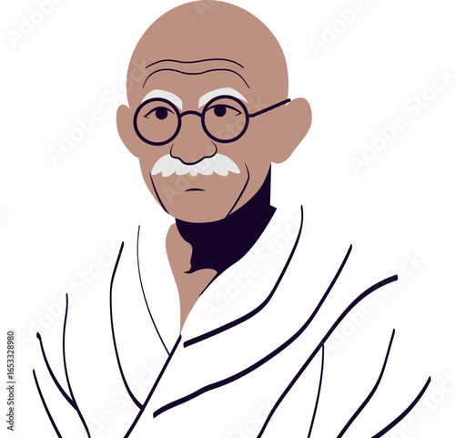 A minimalist vector portrait of Mahatma Gandhi, the iconic Indian leader, with his signature round glasses and white mustache.