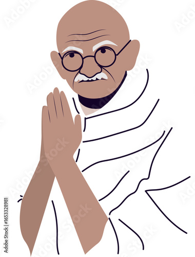 A stylized illustration of Mahatma Gandhi in prayer or greeting, with his hands pressed together and wearing his characteristic spectacles and dhoti.