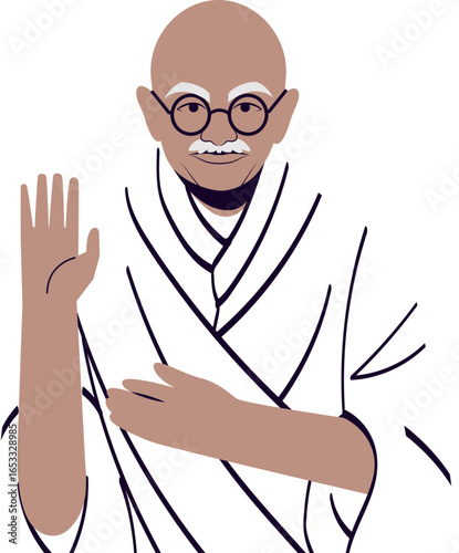 Vector illustration of Mahatma Gandhi, an iconic Indian leader, gesturing with a raised hand.
