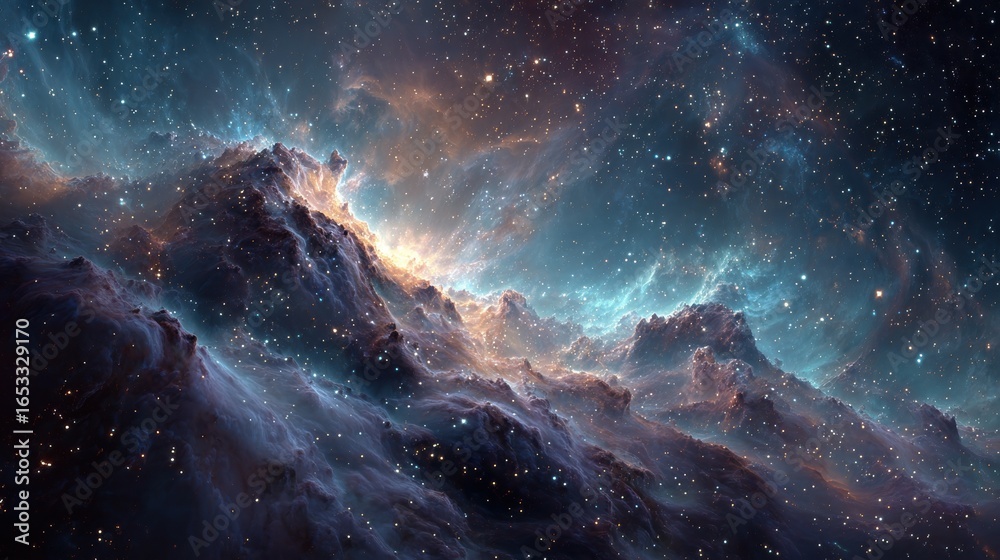 Fototapeta premium Celestial expanse shows glowing clouds, stars, and teal sky creating cosmic scene