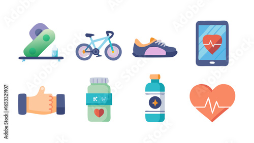 Illustration of health and wellness icons including exercise equipment and supplements on white background