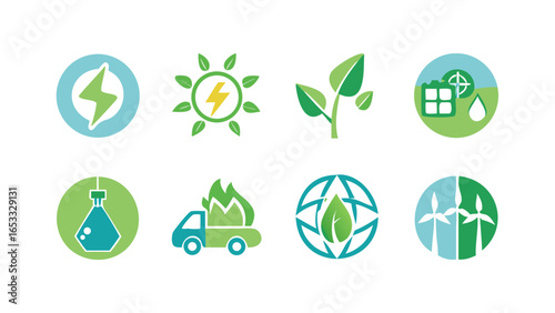 Illustration of eight different green energy icons representing sustainable resources and power generation