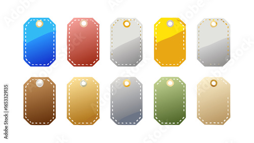 Collection of ten colorful price tags with stitch detailing and metallic grommets on a white background