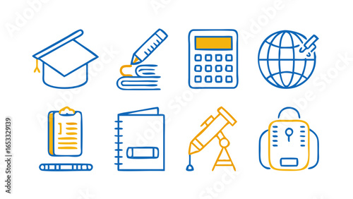 Illustration of various educational tools and items in blue and yellow color scheme, arranged in a row