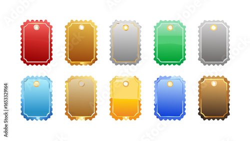 Illustration of ten colorful tags with scalloped edges and a hole at the top for hanging