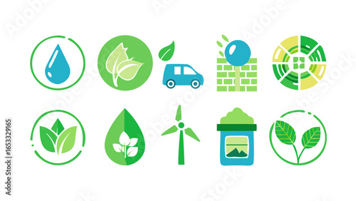 Illustration showcasing various eco friendly and sustainable energy sources with green and blue icons