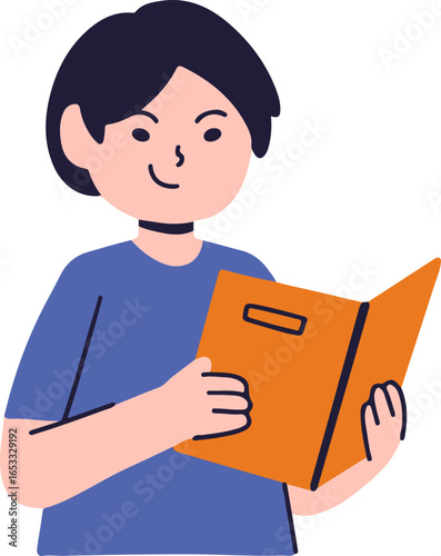 Smiling child in a blue shirt, holding an open orange book, engaged in reading.