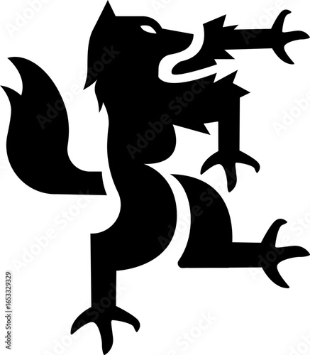A striking black silhouette of a stylized wolf in a dynamic, leaping pose, with sharp angles and a prominent bushy tail.
