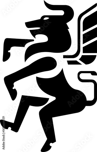 A striking black silhouette depicting a powerful mythical winged bull standing upright on its hind legs.