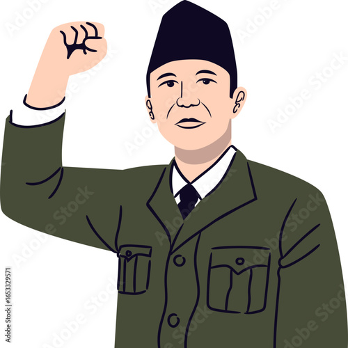 Cartoon illustration of a man in formal attire, raising a fist in a gesture of leadership or protest.