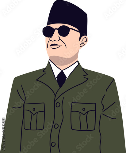 A distinguished man in a military-style uniform and sunglasses, wearing a traditional cap, stands confidently.