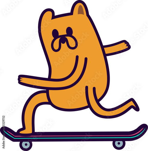 A whimsical yellow cartoon dog character with long, stretchy limbs is happily riding a purple skateboard.