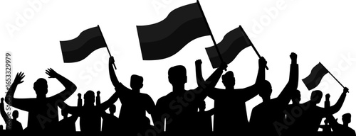 Silhouette of a crowd of people protesting, raising their hands and waving flags in the air.