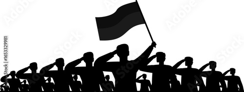 Silhouetted soldiers salute a flag held aloft, representing allegiance and respect.
