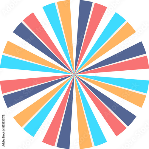 A colorful abstract geometric circle with radiating segments in blue, orange, and red hues.