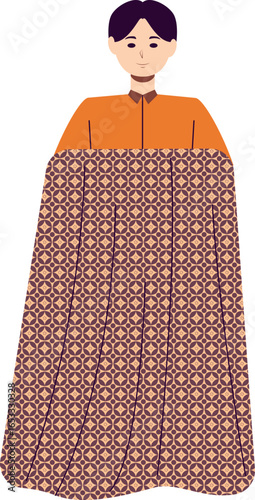 Cartoon illustration of a male figure dressed in an orange shirt and a long, patterned traditional skirt-like garment.