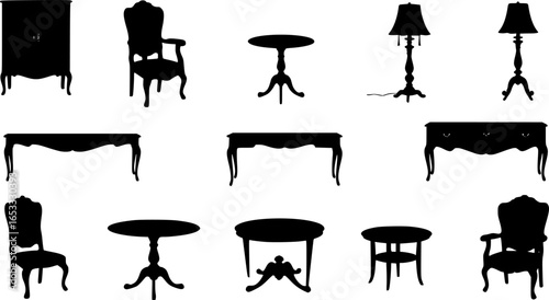 Collection of antique furniture silhouettes including chairs tables lamps and a cabinet design elements |eps vectors
