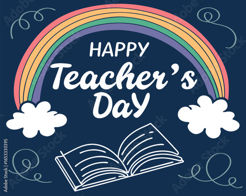Vector art of happy teachers day greeting with rainbow, clouds and open book