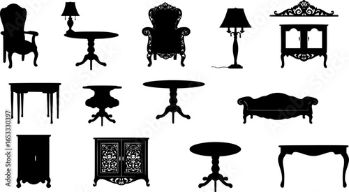 Collection of antique furniture silhouettes including chairs tables lamps and a cabinet design elements |eps vectors
