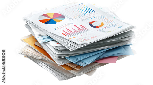 Stack of business documents with charts and graphs, realistic paper texture, isolated PNG