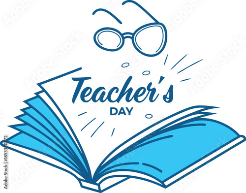 Vector art of teachers day celebration with open book, glasses and text, isolated on white background