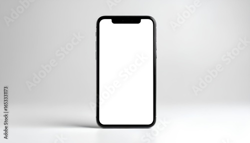 Realistic smartphone mockup with a blank screen template standing upright against a minimalist white background for showcasing digital content or UI concepts.