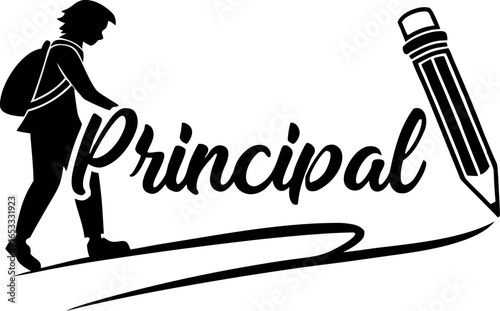 Vector art of principal text with student and pencil isolated on white background